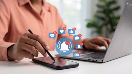 a woman interacting with a smartphone and laptop surrounded by various social media notification icons illustrating digital connectivity and online engagement