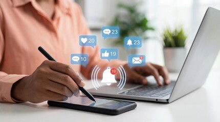 a woman is using a laptop and smartphone with social media notifications appearing signifying online engagement and digital communication high quality