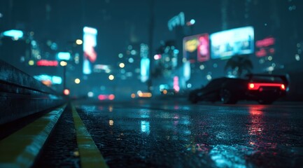 Nighttime cityscape with illuminated signs and a blurred vehicle on wet asphalt