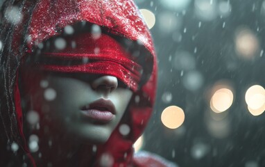 Person in red hooded cloak with blindfold in a rainy outdoor scene