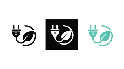 Three eco-friendly electric plug logos with leaf designs in black, white, and green colors on a clean white background.
