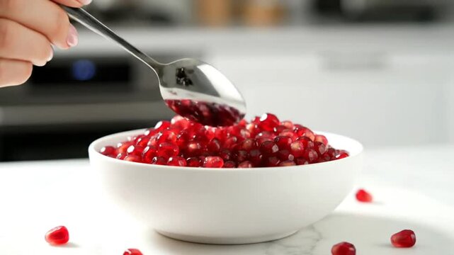 Closeup of a hand using a spoon to scoop pomegranate arils out of a white bowl on a kitchen countertop