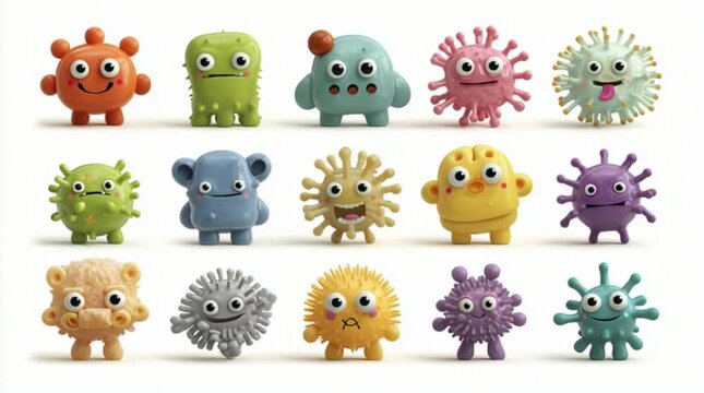 Cute cartoon germs, bacteria and viruses in 3D render style, friendly characters with big eyes, smooth plastic texture, isolated on white background