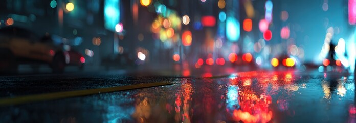 Night city street blurred lights and reflections vibrant colors and bokeh effect