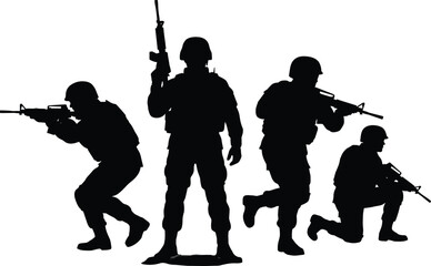 Special forces soldier silhouettes in tactical formation with rifles, military team action pose isolated on white background for stock imagery