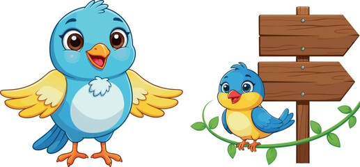 Cute Cartoon Blue Bird Characters with Wooden Signpost, Happy Songbird Mascot on Branch with Directional Arrows Vector Illustration.