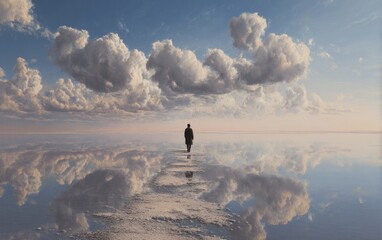 Lone figure walking across reflective surface under dramatic cloudscape