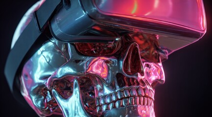 Metallic skull with vr headset illuminated against black background