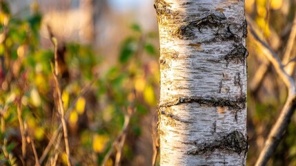 Close-up texture of peeling birch tree bark with dappled sunlight and blurred autumn foliage background