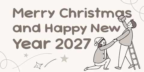 2027 Holiday Greeting Card &ndash; &ldquo;Merry Christmas and Happy New Year&rdquo; with Gift Exchange Scene, Stars & Swirls