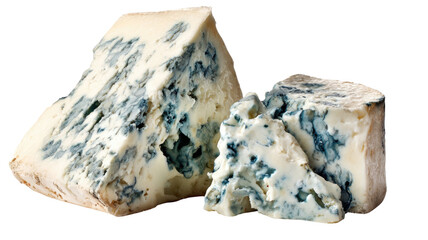 Delicious gourmet wedge of blue cheese with mold, a tasty portion of isolated Roquefort or Stilton dairy product on a white background