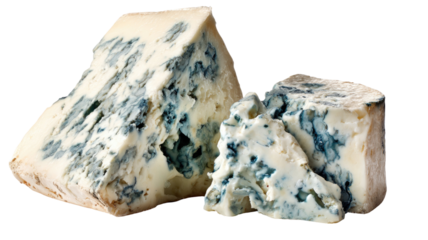 Delicious gourmet wedge of blue cheese with mold, a tasty portion of isolated Roquefort or Stilton dairy product on a white background