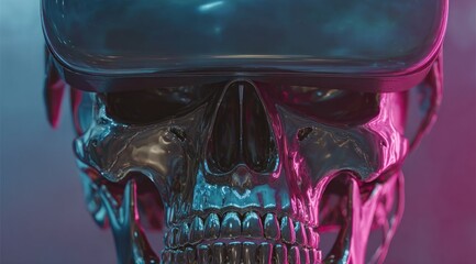 Metallic skull with vr headset closeup futuristic technology concept