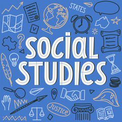 Social studies. Hand drawn lettering with educational doodle. School educational subject.