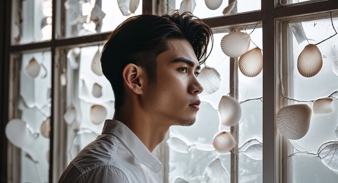 White retro serious side view on delicate capiz shell window light background filipino asian man portrait fashion style concept photoshoot for banner