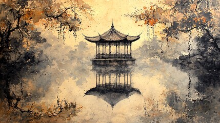 Reflection of the Pavilion in Ink Painting Style