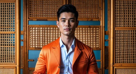 Fototapeta premium Orange retro posing front view on mid century rattan furniture weave background filipino asian man portrait fashion style concept photoshoot for banner