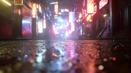 Neon illuminated city street with reflections night scene perspective