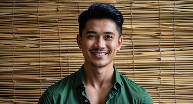 Green modern happy front view on sustainable abaca fiber weave background filipino asian man portrait fashion style concept photoshoot for banner