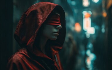 Person in red hooded cloak with blindfold against blurred city lights