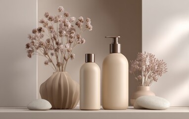 Minimalist skincare products with dried flowers for beauty and wellness