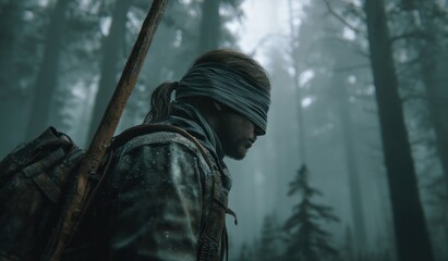 Person with blindfold in forest exploration adventure concept