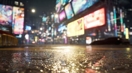 Night city scene with vibrant billboards reflecting on wet ground