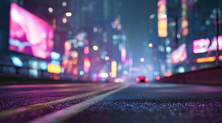 Night city street scene with blurred lights and neon signs urban background