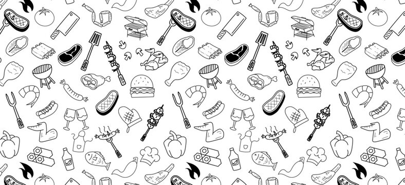 Bbq barbeque doodle seamless pattern background repeat bbq grill party hand drawing