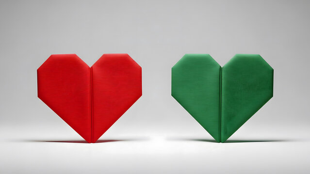 Red and green paper hearts on a clean background symbolize relationship choices, red flags versus green flags, emotional decisions, modern dating evaluation, and Valentine&rsquo;s Day concept.