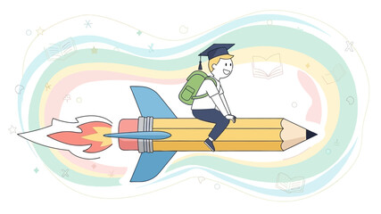 Student in graduation cap rides rocket pencil to academic success