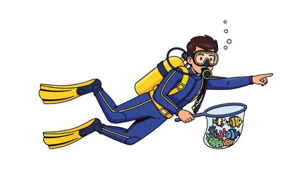 Scuba diver in blue and yellow gear pointing while holding a net full of colorful fish against a clean white background.