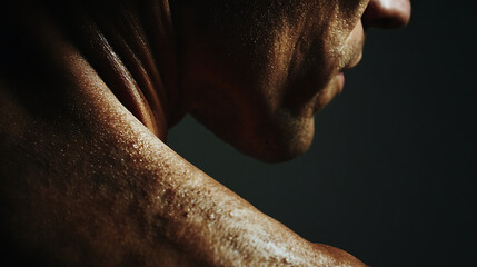 Sweaty neck and shoulder of a man in profile graphic