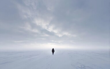 Lone figure walking across vast snowy landscape under overcast sky