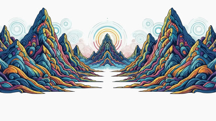 Psychedelic Fantasy Landscape Illustration With Vibrant Neon Colors and Ornamental Visionary Art Style © ASA