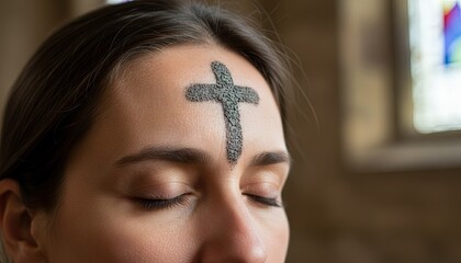 Catholic lent and ash wednesday concept with a black cross drawn on forehead
