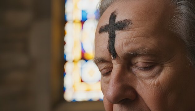 Catholic lent and ash wednesday concept with a black cross drawn on forehead