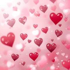 Abstract Valentine&rsquo;s Day background with floating red and pink hearts on a soft pastel pink backdrop