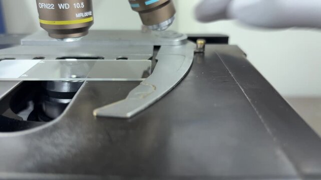 Placing a White Microscope Slide on the Stage for Laboratory Examination