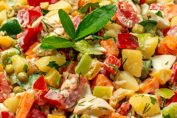 Fresh Russian Olivier Salad with Diced Vegetables and Creamy Dressing Macro View