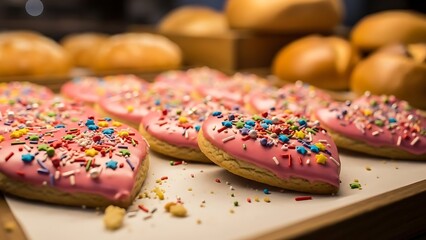Colorful donuts with pink frosting and sprinkles on a tray