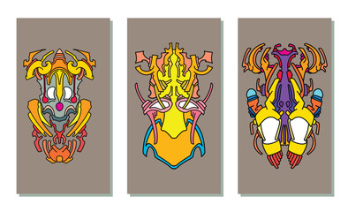 Stylized tribal faces with geometric patterns and intense color contrast, reflecting ritual art, symbolism, and creative expression.