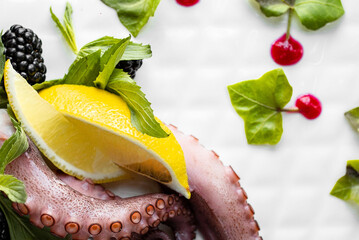 Gourmet Boiled Octopus Tentacles Served with Fresh Lemon Slice and Mint Garnish