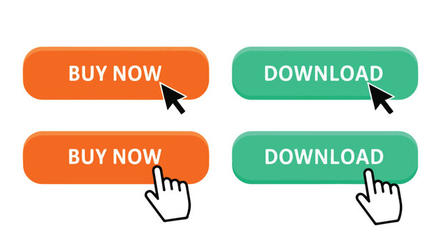 Graphic illustration of orange and green download buttons with cursor pointers on a white background.