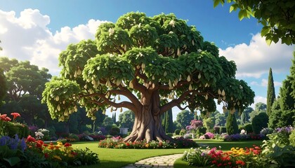 Serene Park with Large Tree and Flowers.