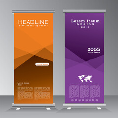 Creative business roll up banner design vertical template vector, cover presentation abstract geometric background, modern publication x-banner, Roll up banner with orange and purple colour,