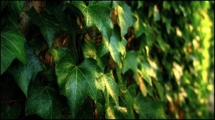Overlapping layers of deep forest green ivy leaves with dappled sunlight creating a rich natural texture