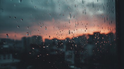 Raindrops on a windowpane with a city skyline and sunset in the background