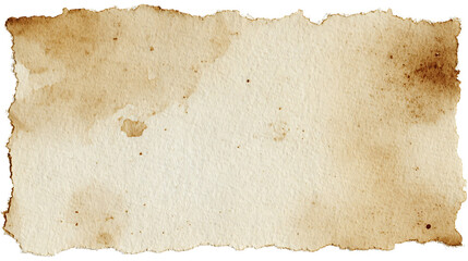 Torn antique paper with brown water stains isolated on white