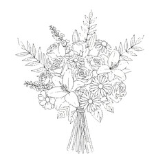 Elegant monochrome bouquet illustration featuring assorted flowers and leaves.